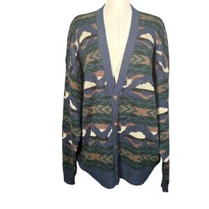 Claybrooke Men's XL Knit Cardigan Sweater Blue Green Abstract Button Front